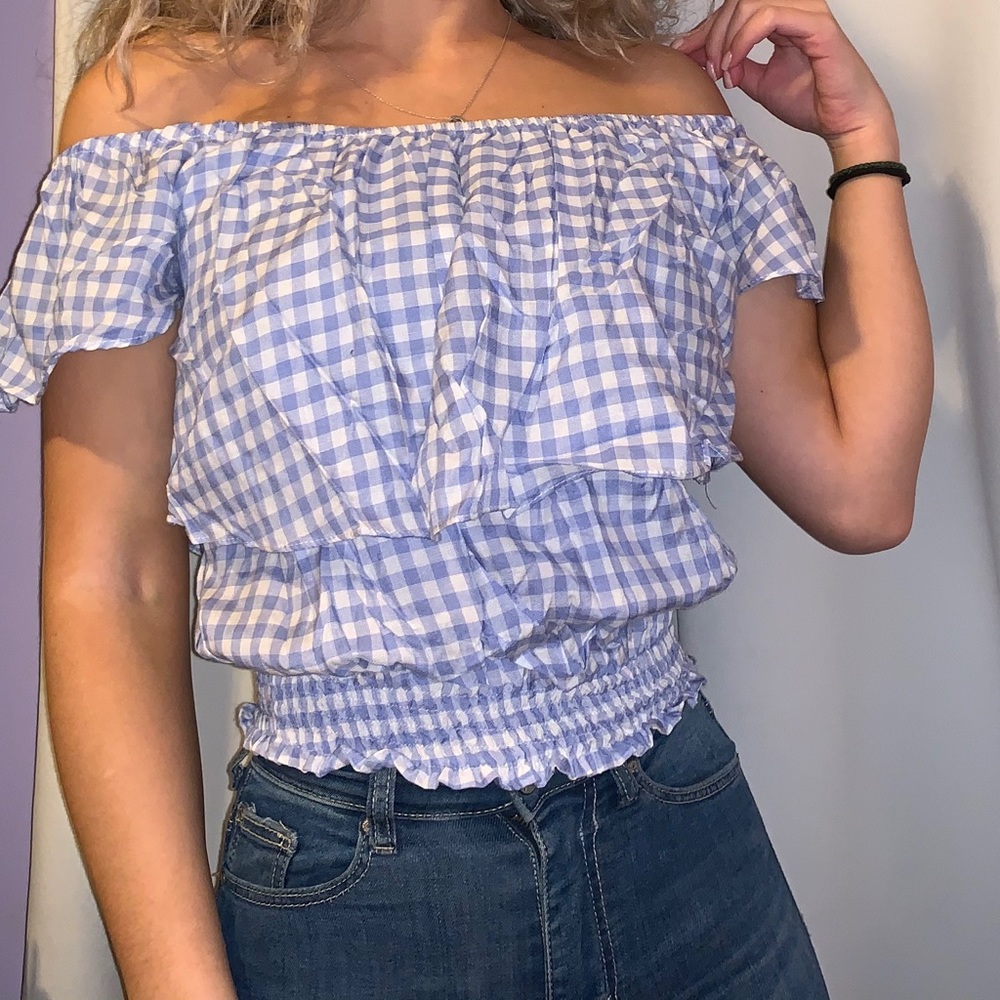 Off the shoulder checked shirt